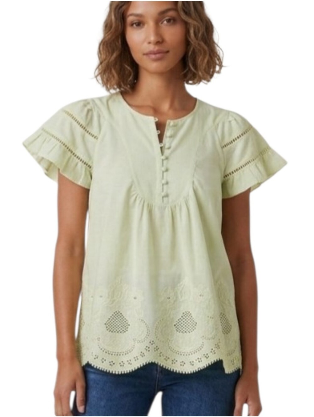 NWT Joie Eyelet Blouse Top Cotton Celery Green Embroidered Cottagecore Prairie S